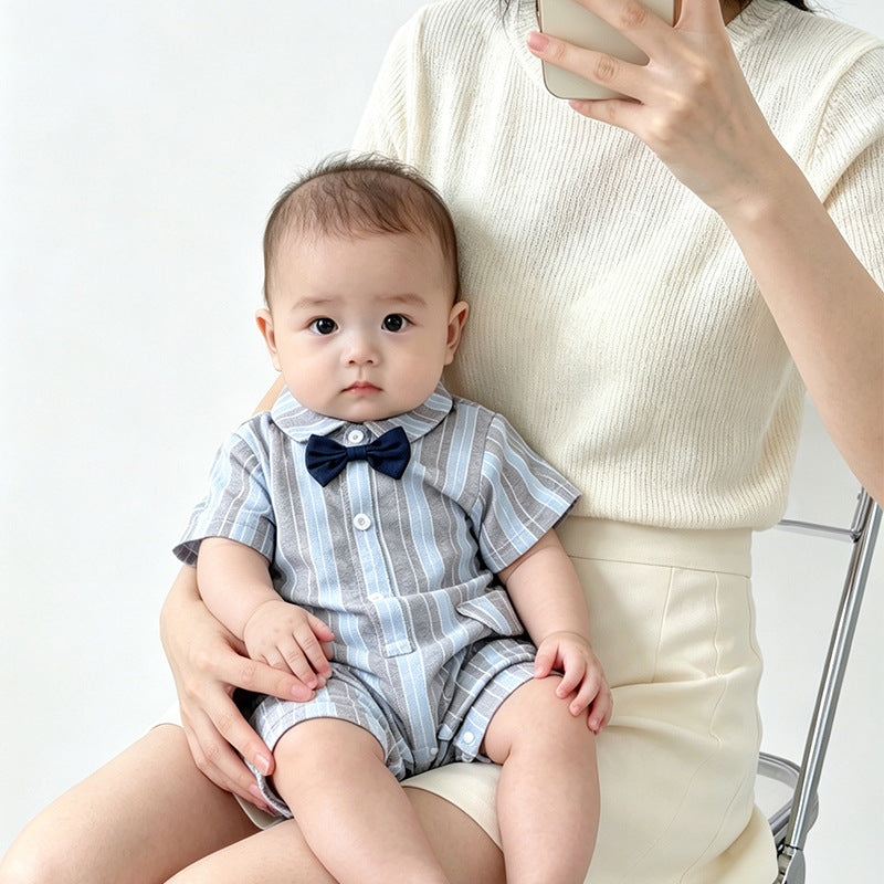 Baby summer outfit: lightweight newborn boy romper - short sleeve striped oxford style - first birthday super cute onesie