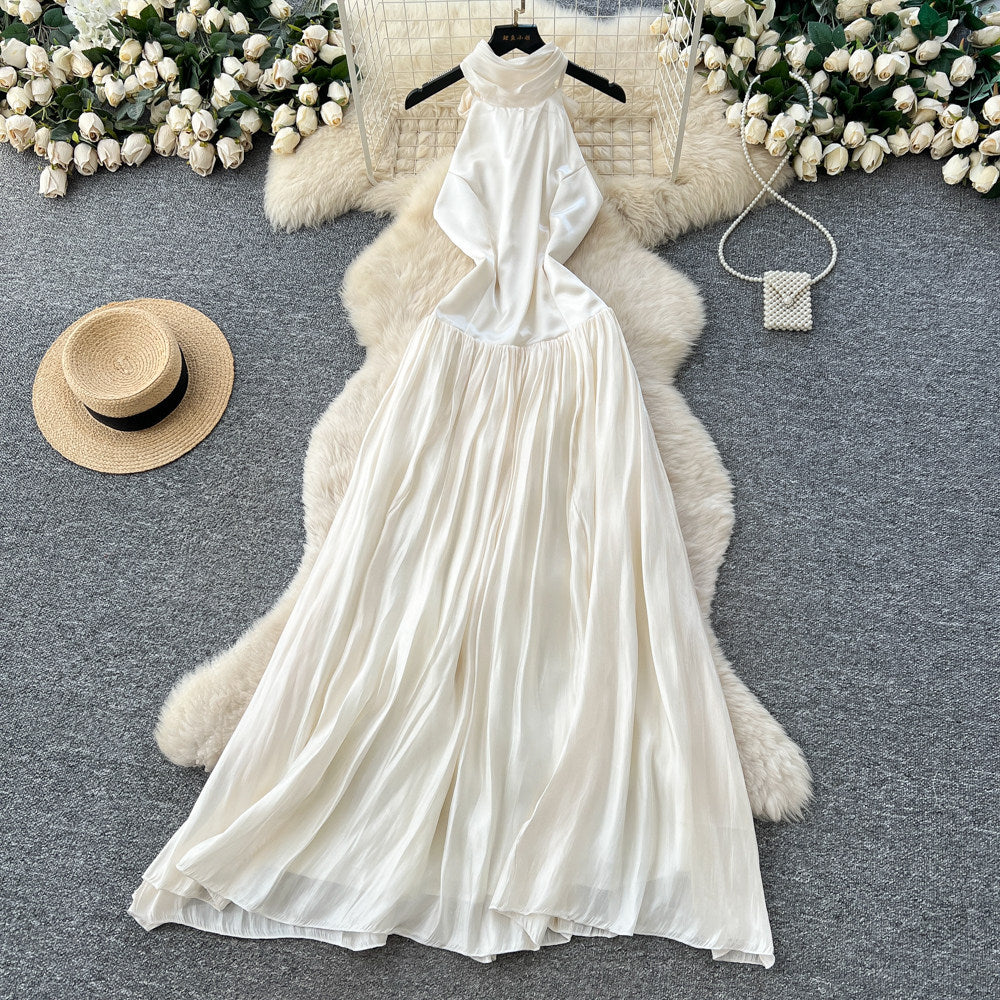 French halter velvet sleeveless dress women's white high waist a-line dress waist slimming lookelegant vacation style long dress