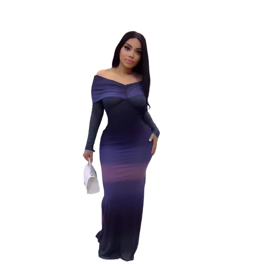 European and american cross-border women's fashion:  autumn new arrival - long sleeve off-the-shoulder ruched bardot neck gradient slim-fit dress