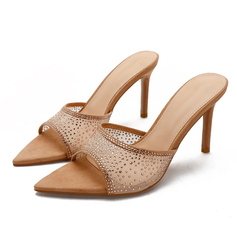 Wo huizhou mesh rhinestone slippers women's stiletto heel summer outdoor wear 2026 new european and american fashion pointed toe versatile