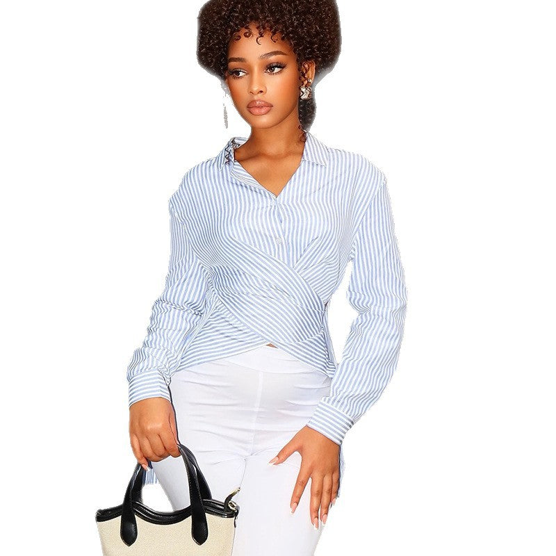 European and american women's clothing  autumn new sweet and fresh striped turn-down collar long sleeve slimming waist-defining women's shirt top