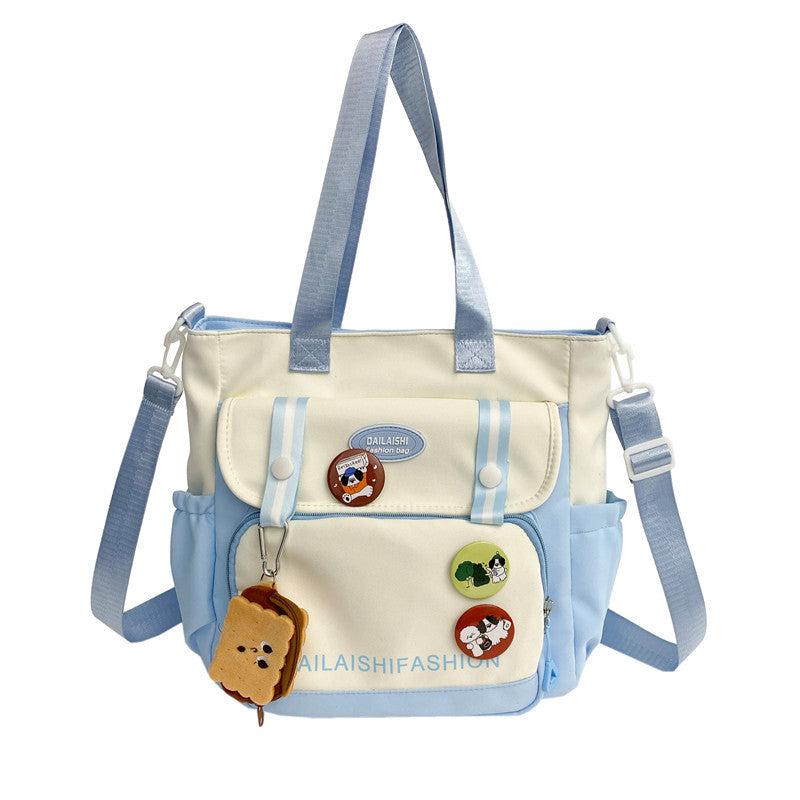 New large-capacity contrasting color handbag female cute girl shoulder messenger bag college student class tutoring bag