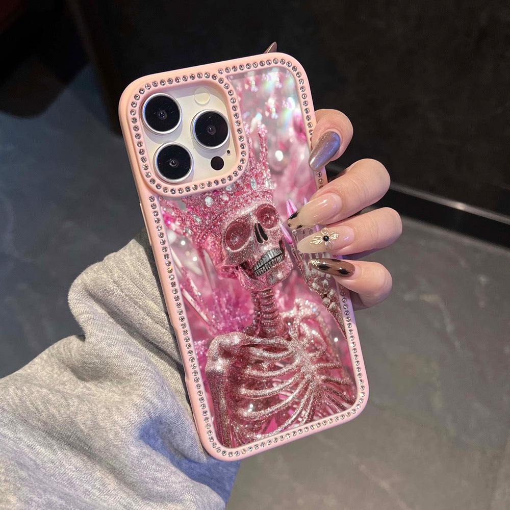 Suitable for iphone 16 pink skull rhinestone mobile phone case apple 17 stylish cool high-end anti-fall protective cover