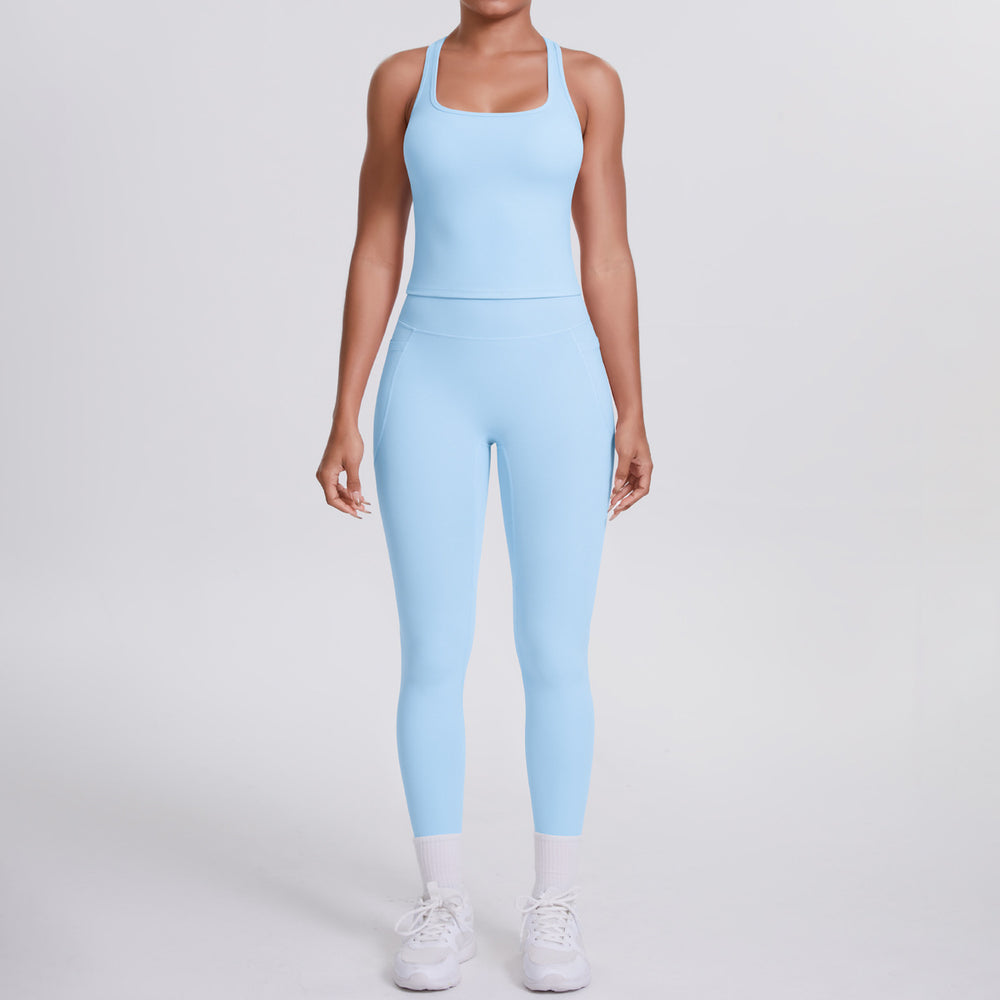 Naked-feel, form-fitting yoga set featuring a racerback design, high-waisted leggings with butt-lifting effect, and pockets. perfect for outdoor activities, casual wear, running, and gym workouts