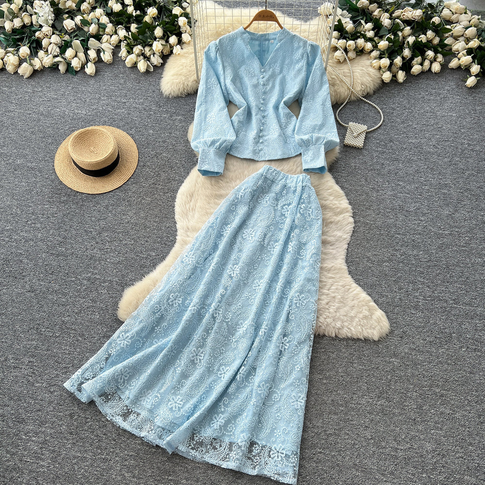 French chic autumn outfit: embroidered sequin mesh top with high-waisted midi skirt set