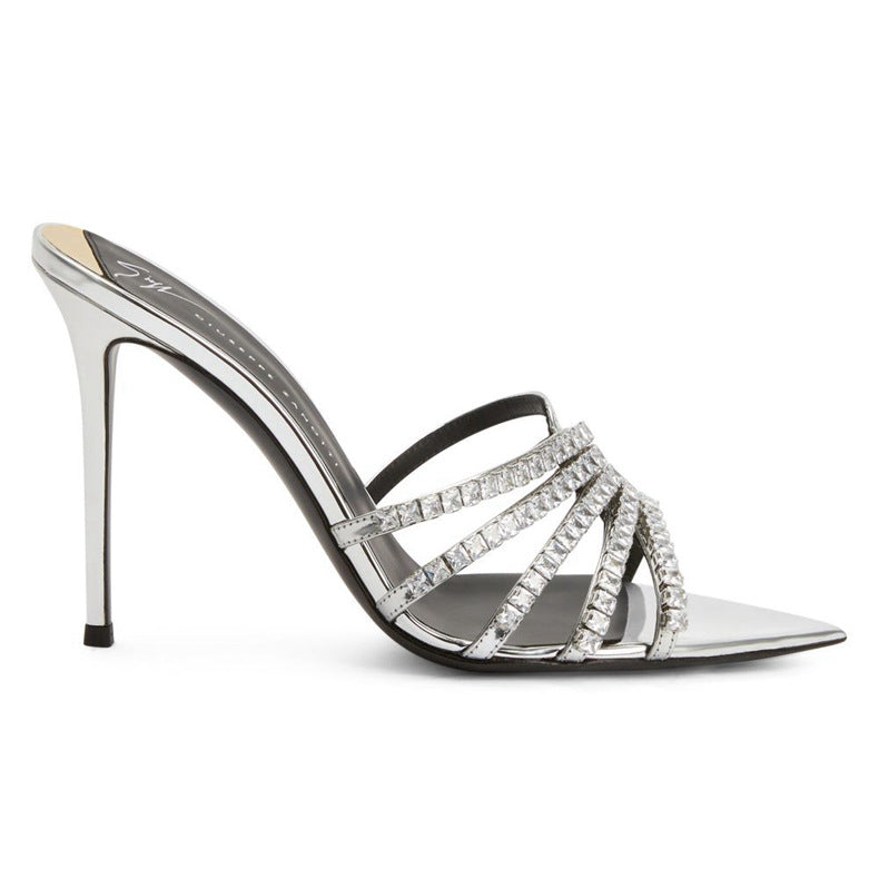 2026 new open-toe pointed-toe rhinestone high heel slippers, stiletto heel slip-on mules, european and american style cross-border rhinestone embellished