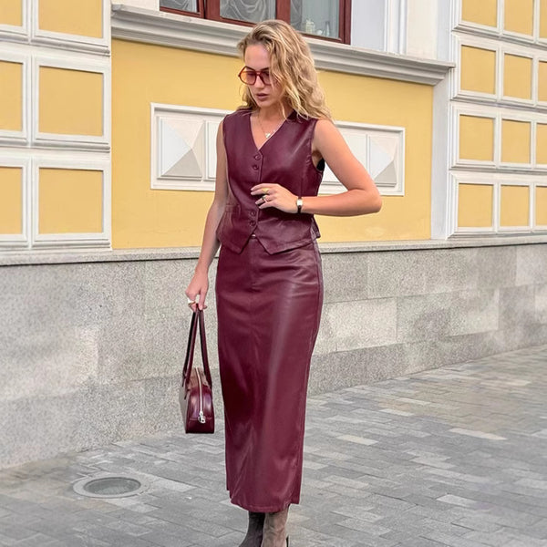 European and American Ankola red leather vest long dress two-piece set 2025 autumn and winter  retro niche skirt set