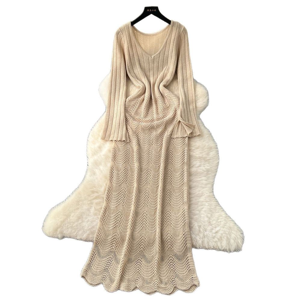 Sweater dress women's layered inner suspender skirt two-piece set spring korean style classy sense cut outknitting long skirt