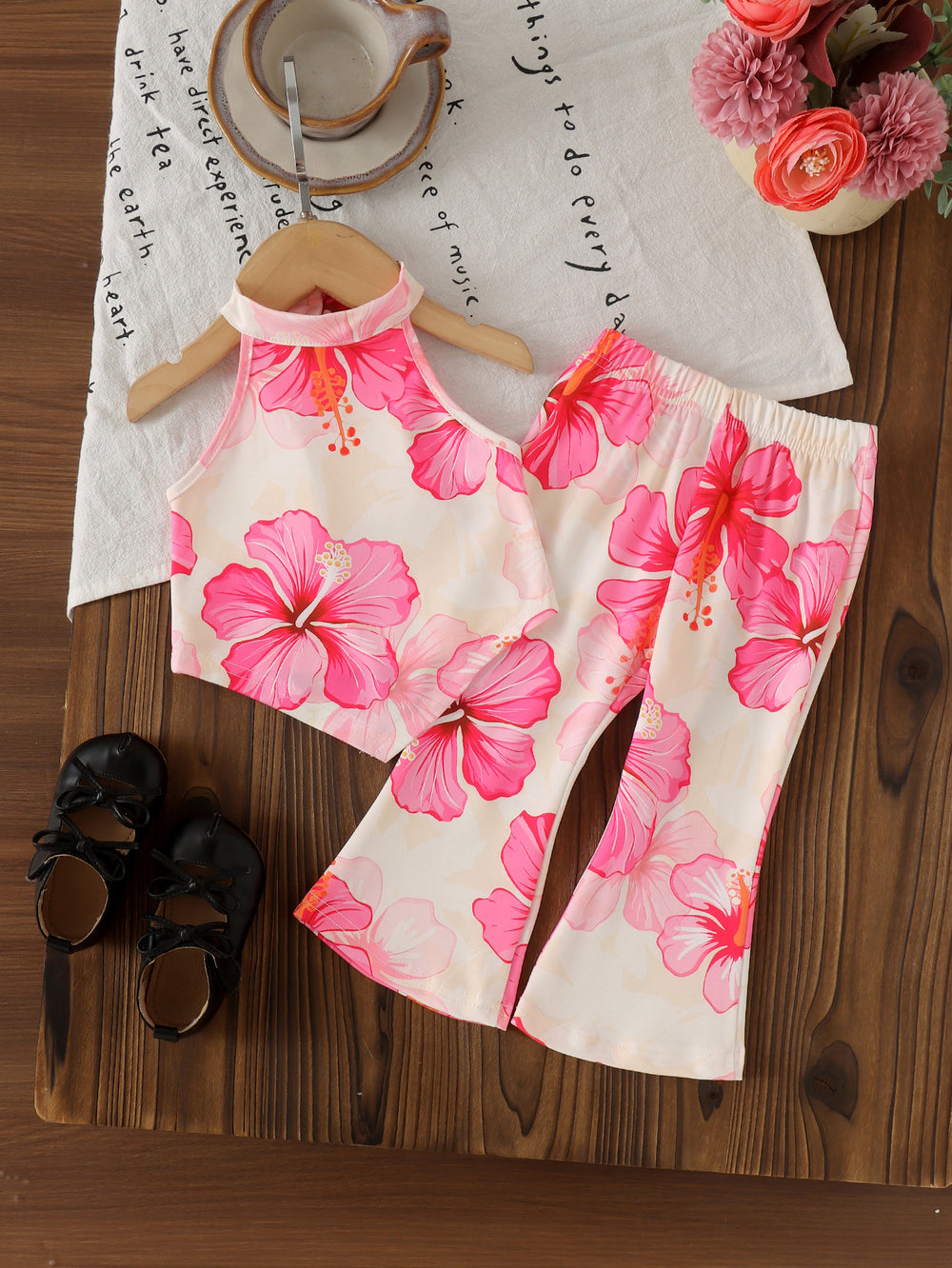 Kids clothing cross-border exclusive for european and american girls new arrival children's pink flower pattern vest + pants