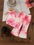 Kids clothing cross-border exclusive for european and american girls new arrival children's pink flower pattern vest + pants