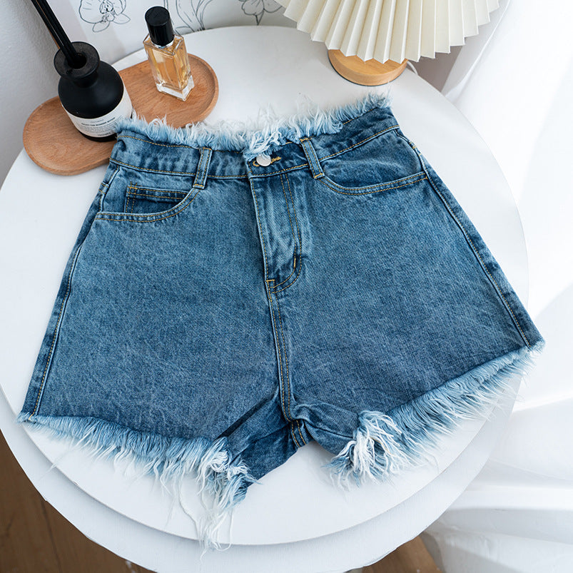 Ripped denim shorts for women, new arrival, fashionable and elegant, high-waisted, slimming, versatile, frayed-edge wide-leg pants