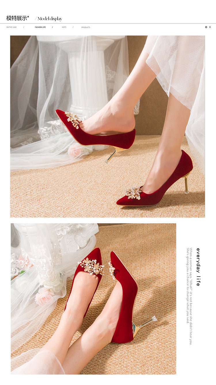 Autum wedding shoes for women with thick heels 2023 new arrival bride chinoiserie red fleece-lined xiuhe wedding dress two-wear high heels not tiring feet