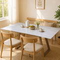 Off-white travertine slab extendable dining table - modern minimalist iron frame legs - rectangular expandable dining table for home restaurant
