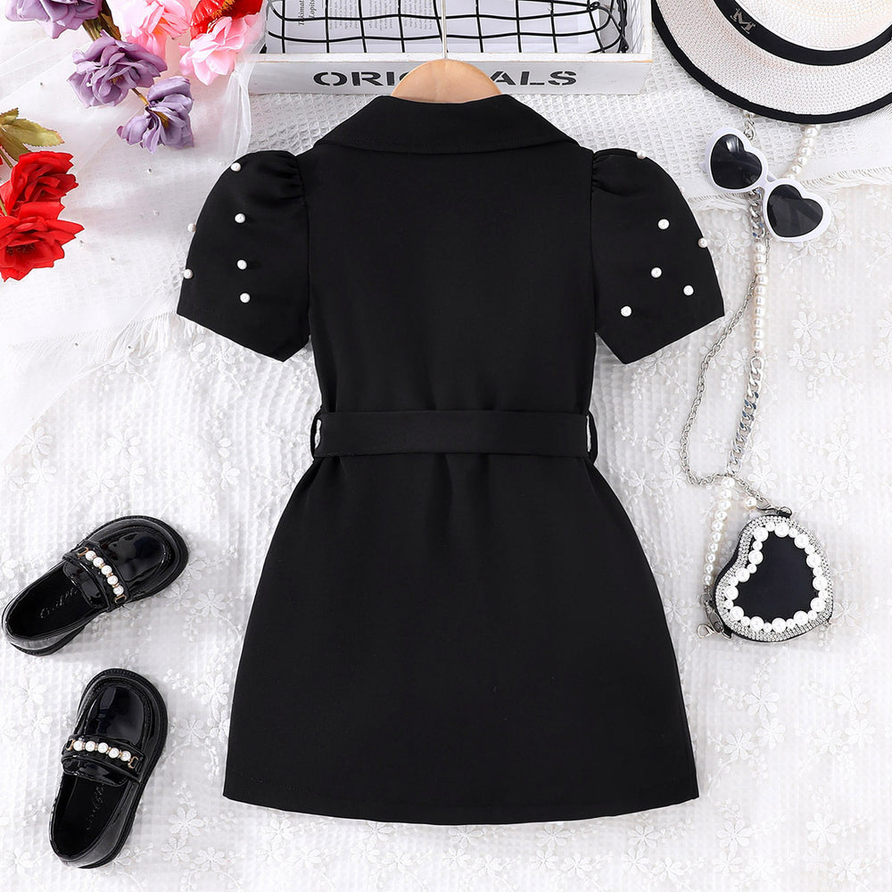 new summer collection: girls' solid color short-sleeve casual dress + belt two-piece set