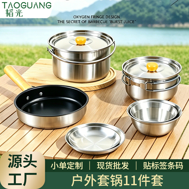 stainless steel cookware set - portable outdoor camping cookware kit with bowls