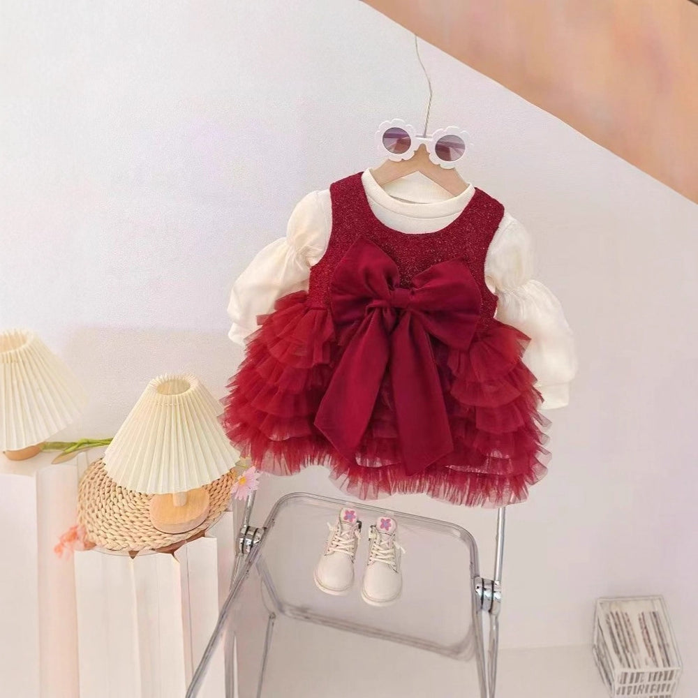 【dropshipping】girls' winter fleece-lined two-piece set,  new stylish children's first birthday baby dress, red