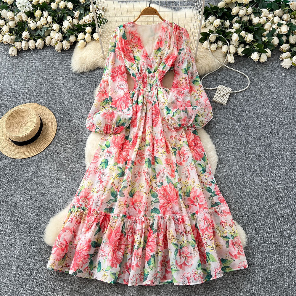 French retro v-neck lantern sleeve printed dress - women's  autumn collection - cinched waist, elegant ruffle hem maxi dress