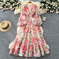 French retro v-neck lantern sleeve printed dress - women's  autumn collection - cinched waist, elegant ruffle hem maxi dress