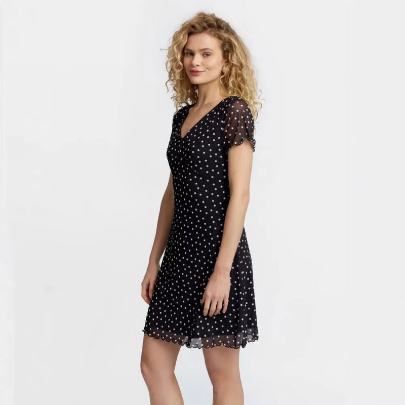 Amazon eleganceelegantcasualv neck polka dot dress women's summernew arrivalslimming looka line skirt