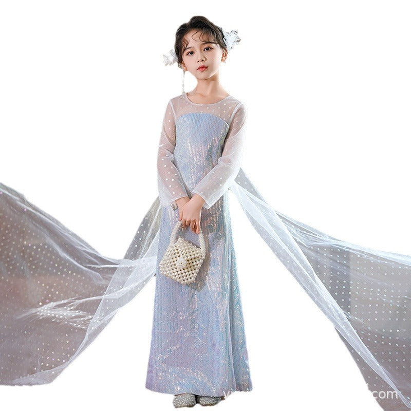 Amazon foreign trade custom girls' dress with cape, ribbon streamers, long sleeves, elsa princess dress, frozen new arrival