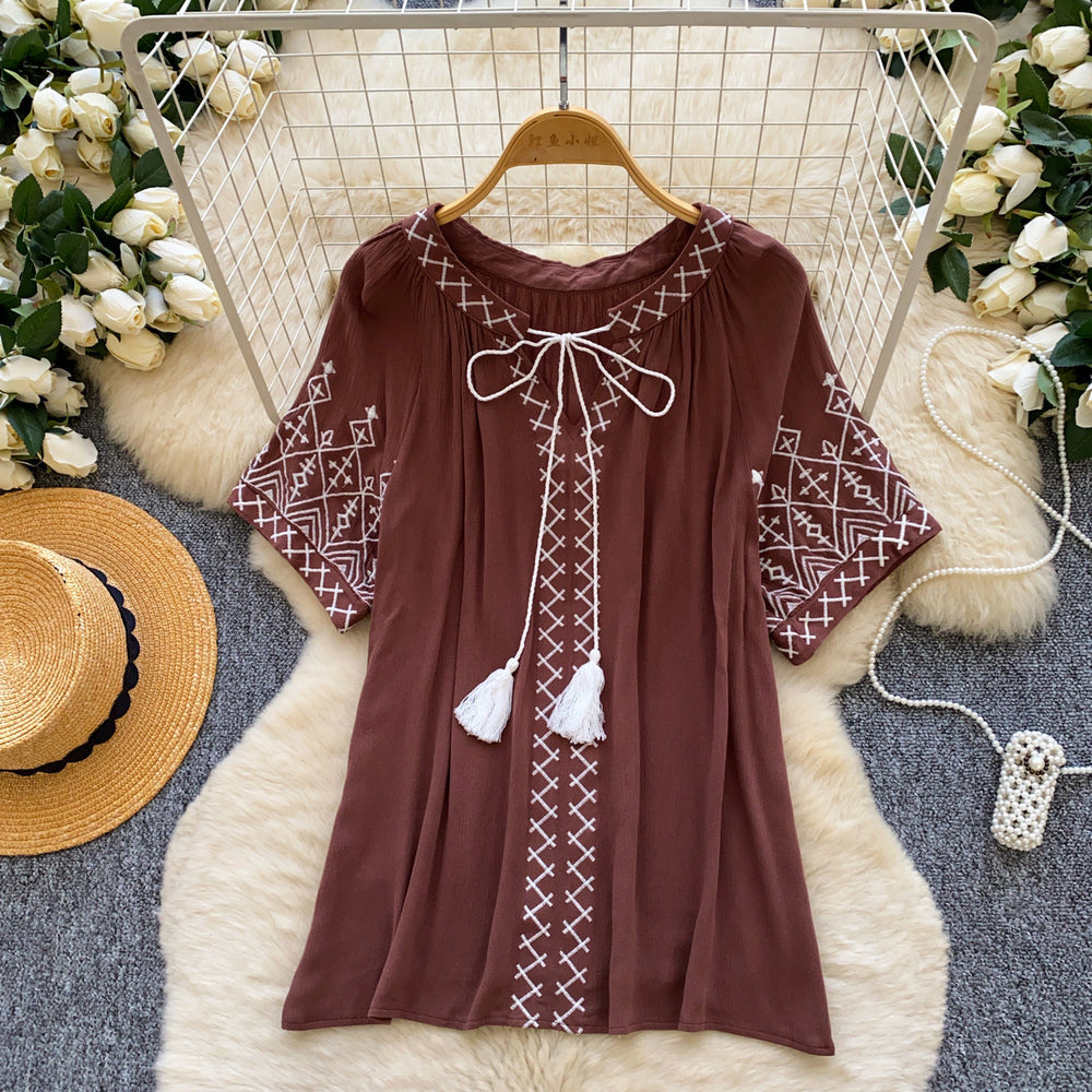 Korean style embroidered breathable ethnic blouse - women's summer short sleeve loose tie-waist top, age-defying commute style
