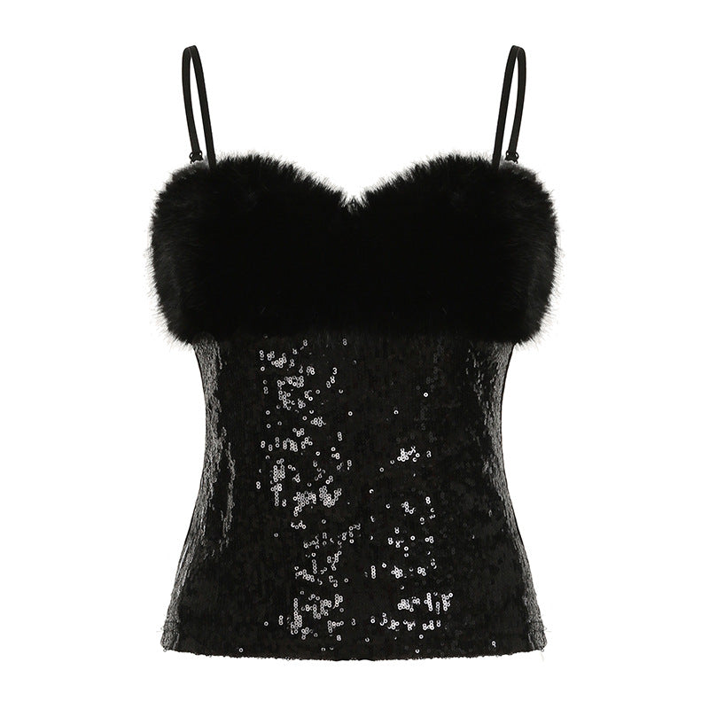 Sexy sweet and spicy style tube top fluffy splicing sequined suspender adjustable shoulder strap vest slim fashion versatile women