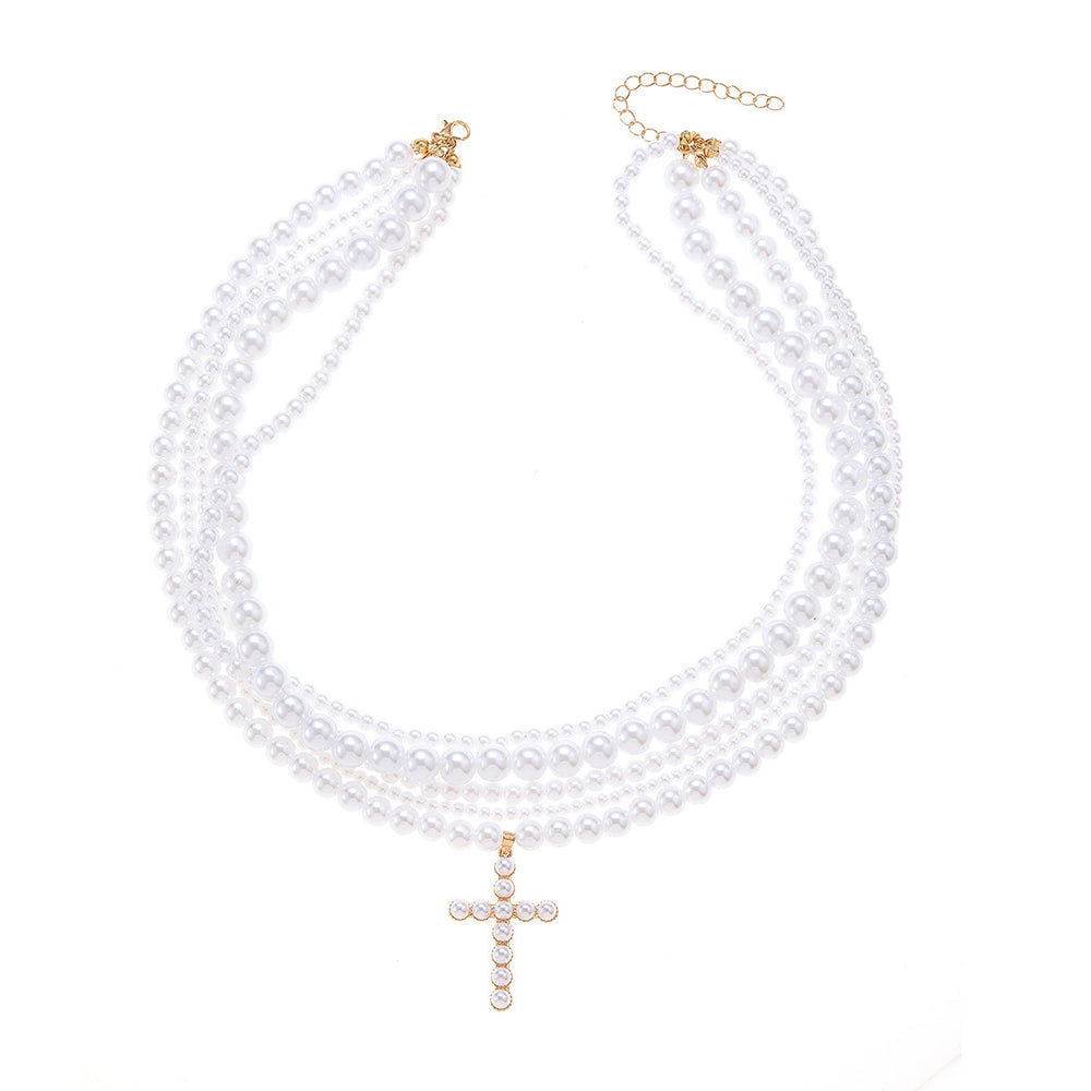 Stacked necklaces wholesale european and american cross-border retro imitation pearl light luxury sweet cool pendant women's pearl cross necklace