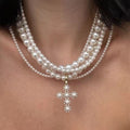 European and american multi-layered imitation pearl necklace frenchretroaccessible luxury sweet cool inlaid pearl cross pendant necklace for women