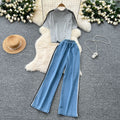 Women's two-piece tracksuit set: hong kong style retro casual faux two-piece short sleeve top with high-waisted patchwork denim wide-leg pants