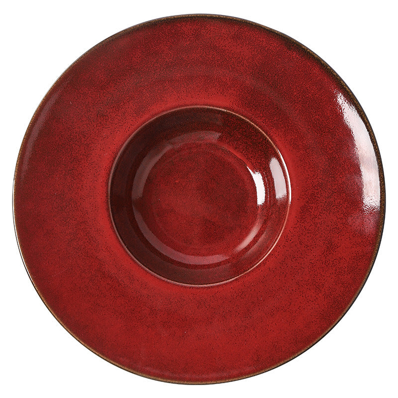 Personalized burgundy ceramic restaurant hotel tableware embossed exquisite fruit dessert plate tea tray for home dish plate salad bowl