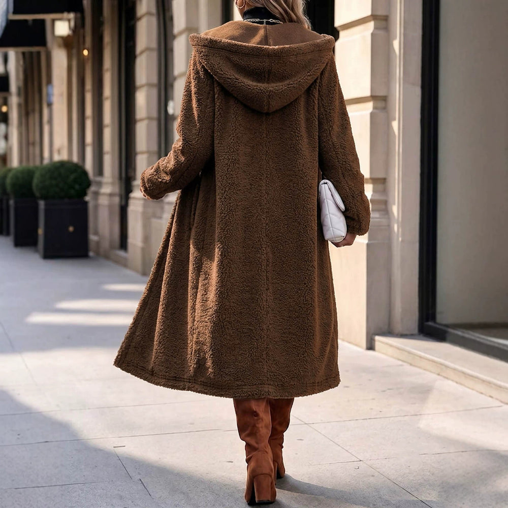 European and american plus size women's plush coat - hooded, drop shoulder, loose fit, long length, warm lambswool overcoat - wholesale supply