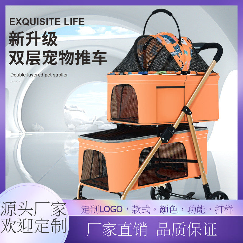 Double-layer pet stroller - dog & cat pet stroller - one-click fold - high-view pet stroller - lightweight pet carrier