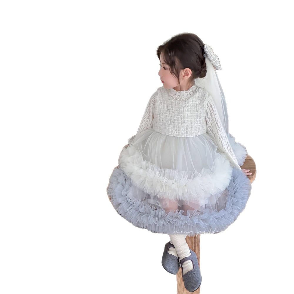 Girls' dress  autumn new collection: chanel-inspired tweed vest dress with lace-trimmed top and mesh skirt set