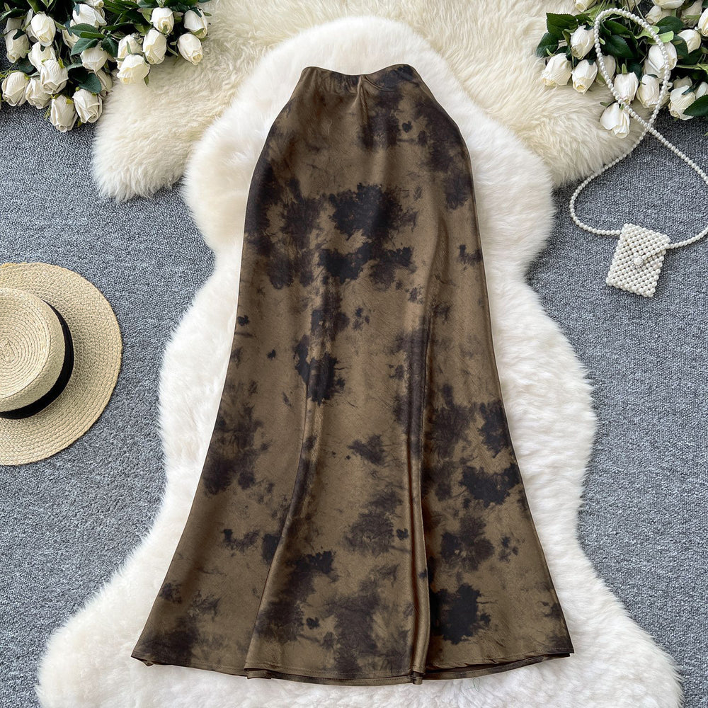 French chic satin midi skirt -  summer collection: luxe, vintage-inspired ink wash print, high-waisted, slimming mermaid skirt