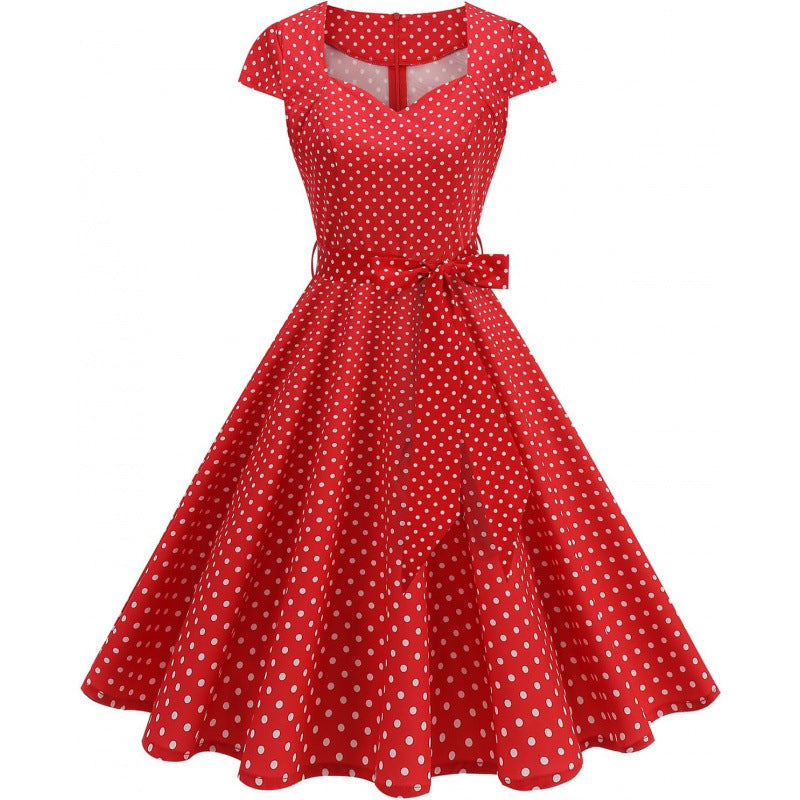 Amazon fashion retro polka dot short sleeve v neckdresssummernew arrivalstrap slimming look skirt