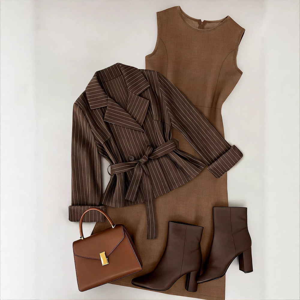 fashion  spring new women's two-piece set tie back suit + solid color skirt suit