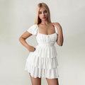 summer new arrival:  cross-border white square neck ruffle backless tie-up slimming sweet style tiered cake dress