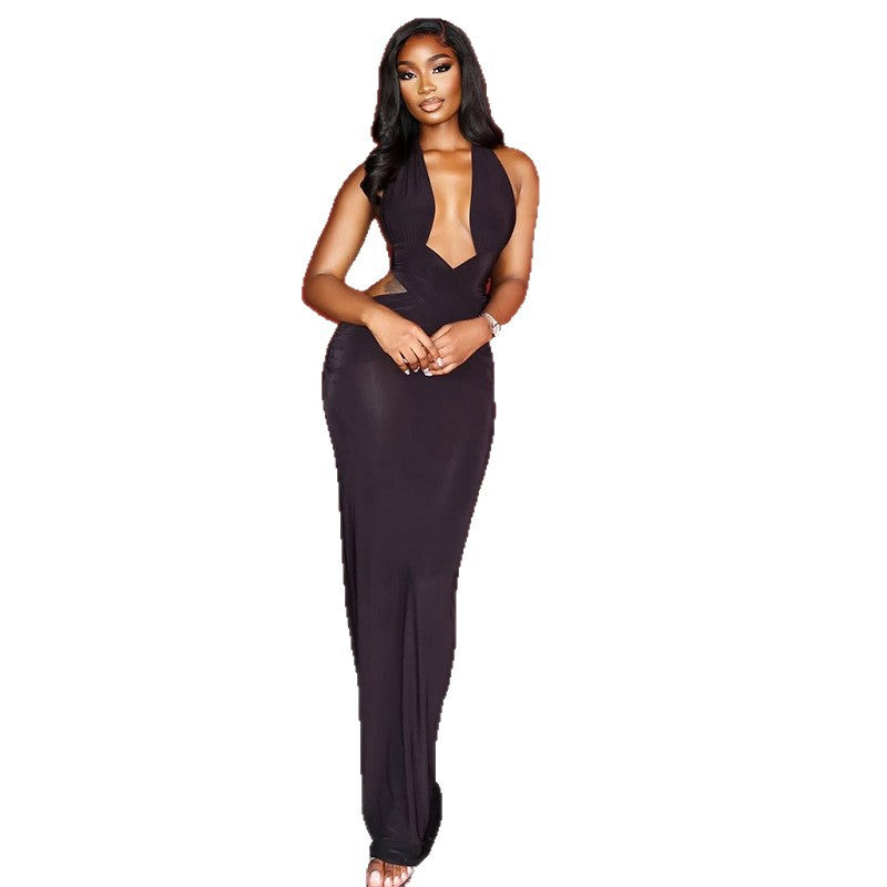 Fashion style cross-border street pure color women's clothing pleated hip-covering one-step skirt low-cut silm halterslimming look long dress