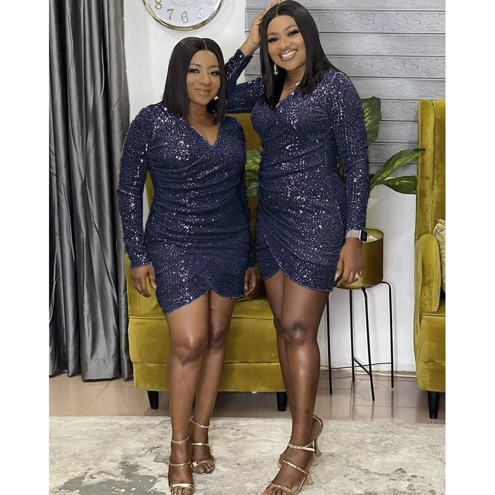 african plus size women's clothing: sexy v-neck bodycon mini dress with sequins - perfect for , , and european & american markets