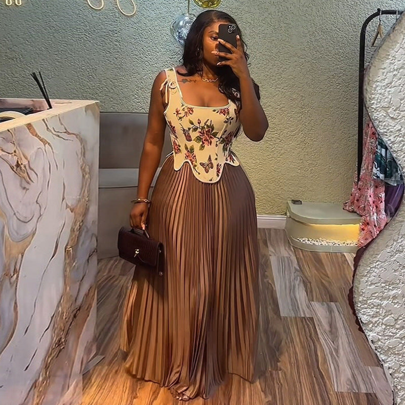 European and american women's clothing  summer new sweet and fresh printed cinched waist tank top and high-waisted pleated skirt two-piece set