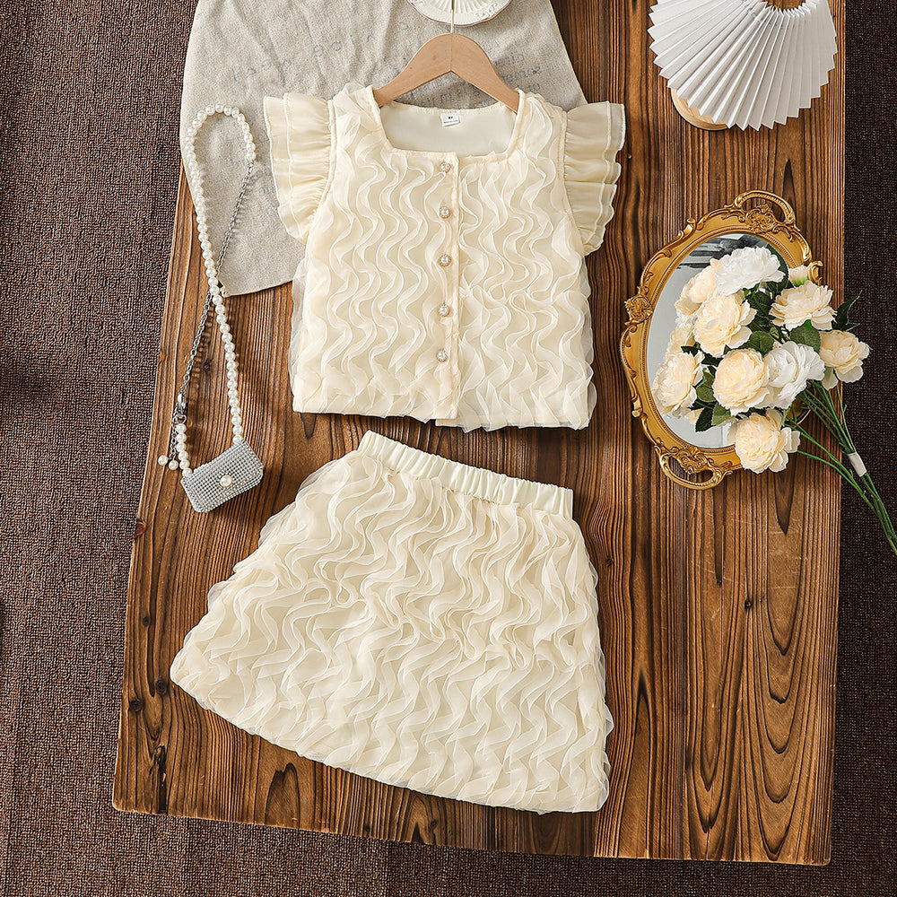 summer cross-border e-commerce 3d mesh wave patchwork top + skirt two-piece set girls' outfit