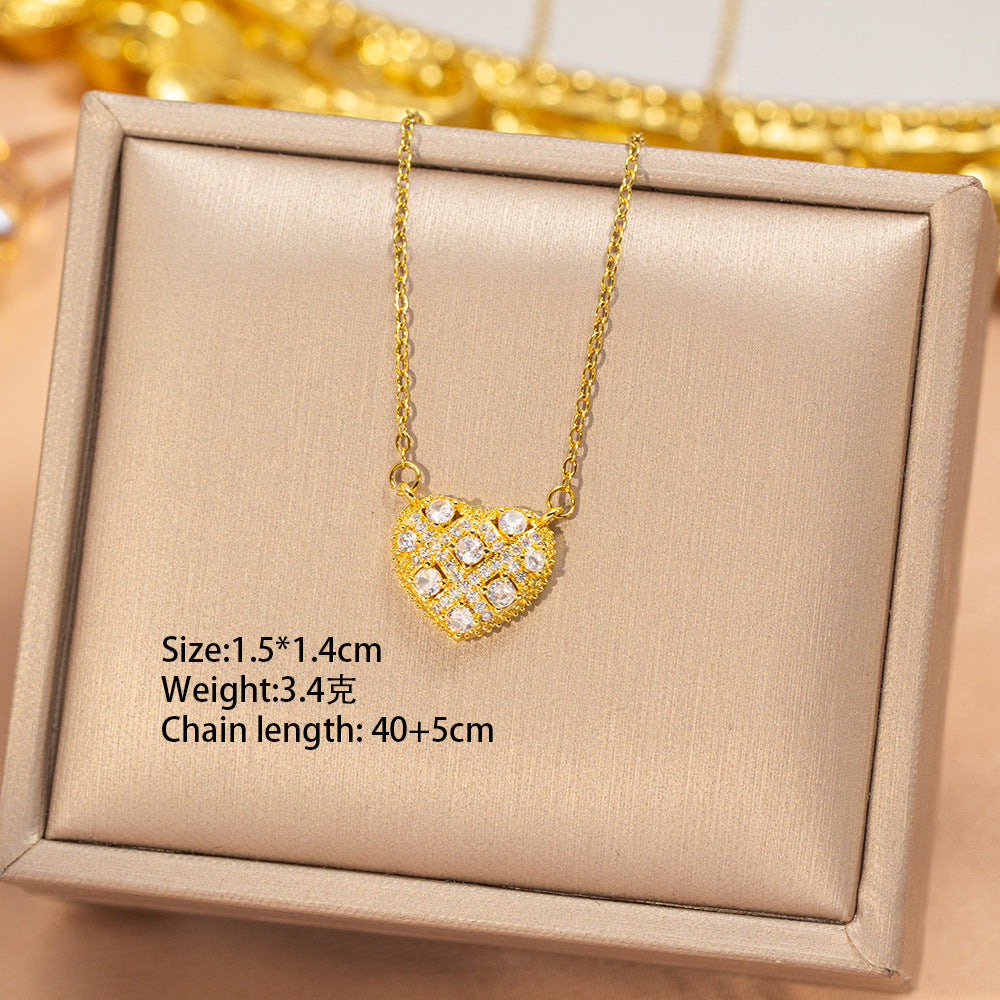 [titanium steel] japanese and korean popular fashion full diamond heart necklace for women, high-end light luxury copper inlaid zirconium clavicle chain accessories
