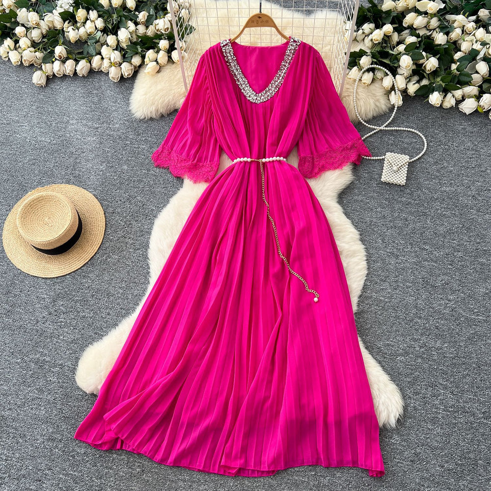 French-style embellished v-neck lace patchwork midi dress with ruched detail and tie-waist – women's loose-fit maxi dress