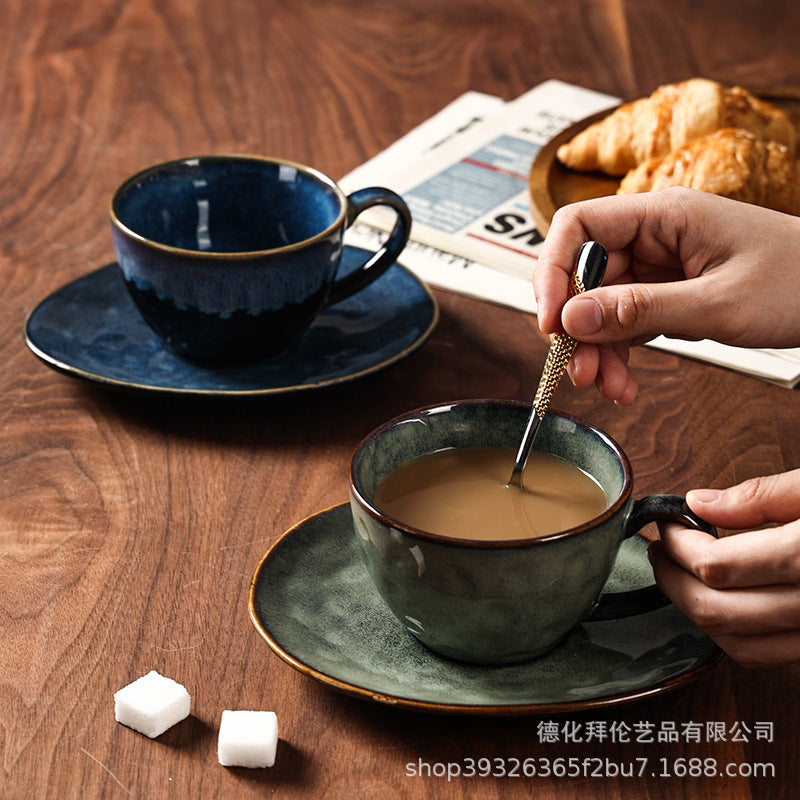 Japanese retro kiln-change ceramic coffee cup and saucer set - large capacity, premium feel mug for milk and beverages
