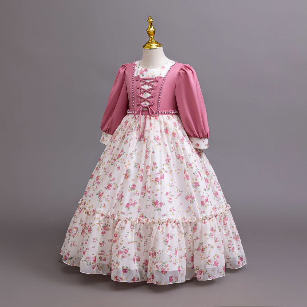 Ready-to-ship new chiffon dress long sleeve floral print princess dress girls' piano performance dress flower girl dress