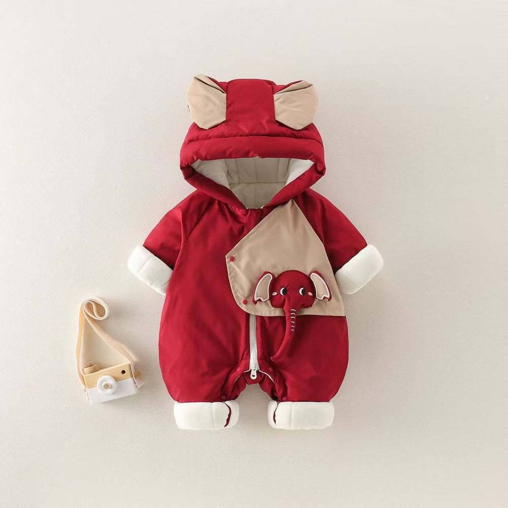 Newborn baby rompers - unisex winter outfit, fleece-lined, thickened, cartoon elephant design, stylish winter wear for outdoor adventures