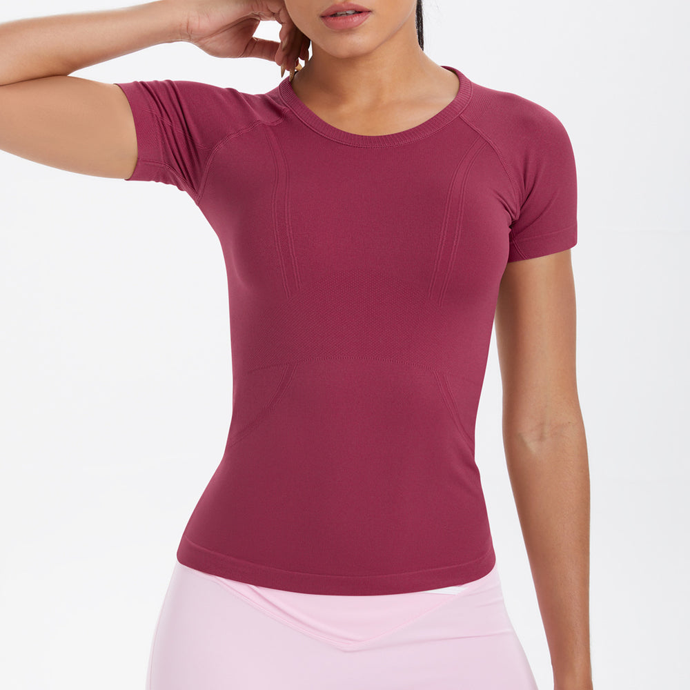 fashion seamless knittingpure color breathable tight short sleeve t-shirt sports running fitness yoga clothes tops women