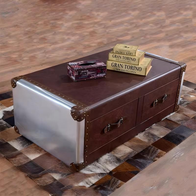 American retro coffee table and side table set - metal aluminum, genuine leather, industrial style for office, cafe, or cigar shop