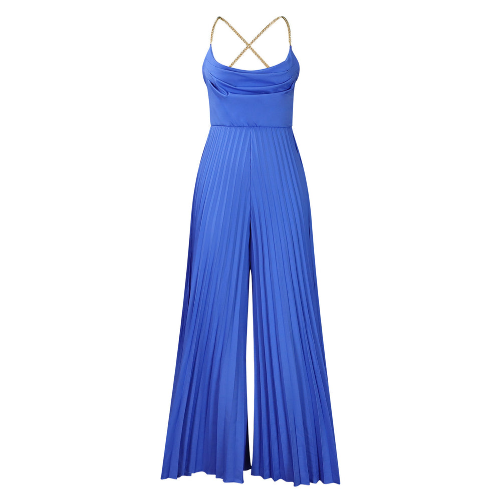 D3281  summer fashion sexy chain halter high waist sexy backless wide leg pleated jumpsuit