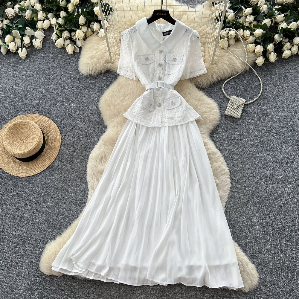 Xiaoxiangfenglacea-linework clothing short-sleeved dressfemale yellow lapel waist pleated long skirt elegance socialite style